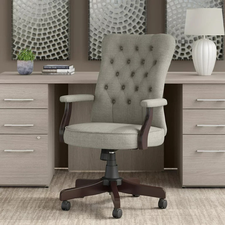 Classic Office Chair, Button Tufted Back & Padded Arms, Light Gray Fabric