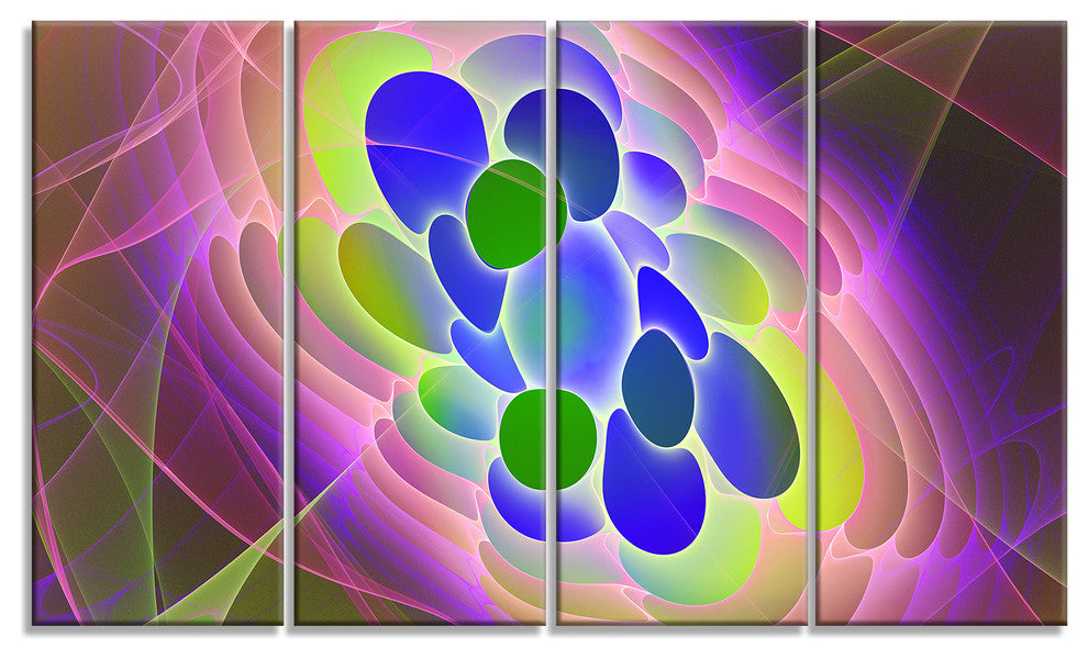 Blue Green Fractal Virus Design, Abstract Art on Canvas, 48"x28", 4 Panels