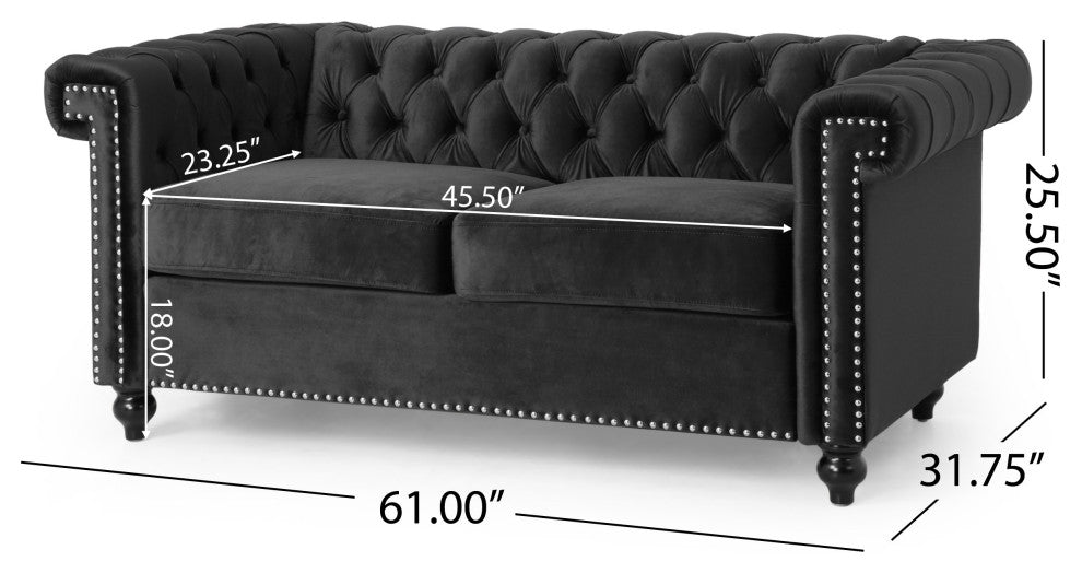 Timber Contemporary Button Tufted Loveseat with Nailhead Trim, Black and Dark Brown, Velvet