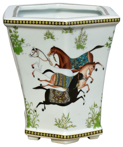 Oriental Horse Motif Floral Porcelain Hexagonal Pot Cachepot