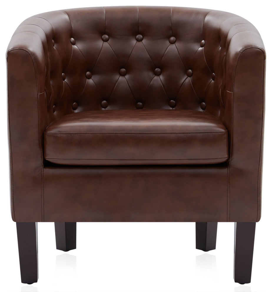 Upholstered Tufted Barrel Chair Roll Armrest Accent Chair, Caramel