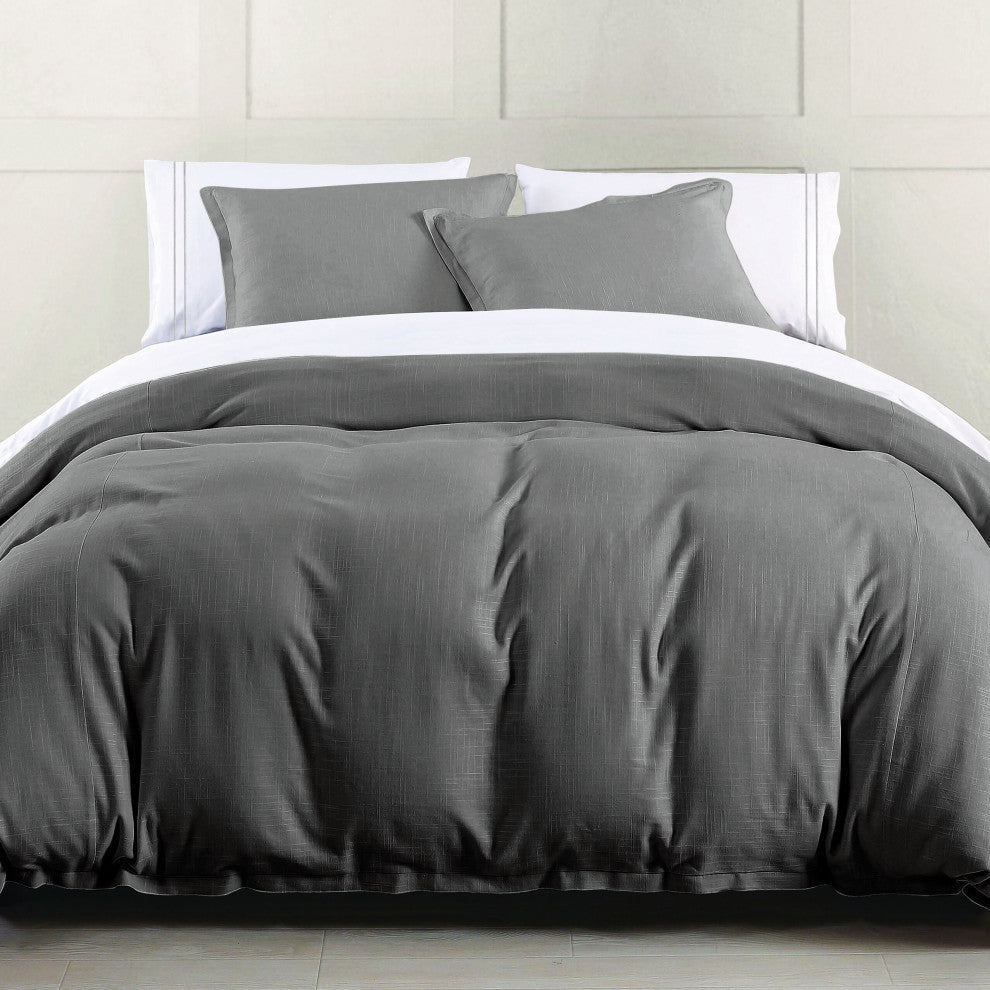 Hera Washed Linen Flange Comforter Set, 3 Piece, Slate, King