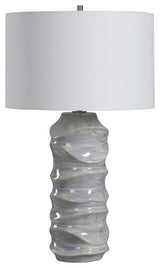 Luxe Blue White Waves Sculpted Ceramic Table Lamp Wavy Cobalt Drip Glaze Coastal
