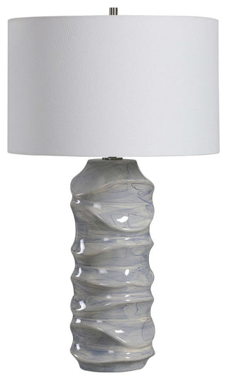Luxe Blue White Waves Sculpted Ceramic Table Lamp Wavy Cobalt Drip Glaze Coastal