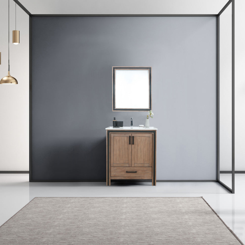 Ziva 30 Barnwood SG Vanity, Cultured Marble Top, Square Sink, 28 Mirror, Faucet