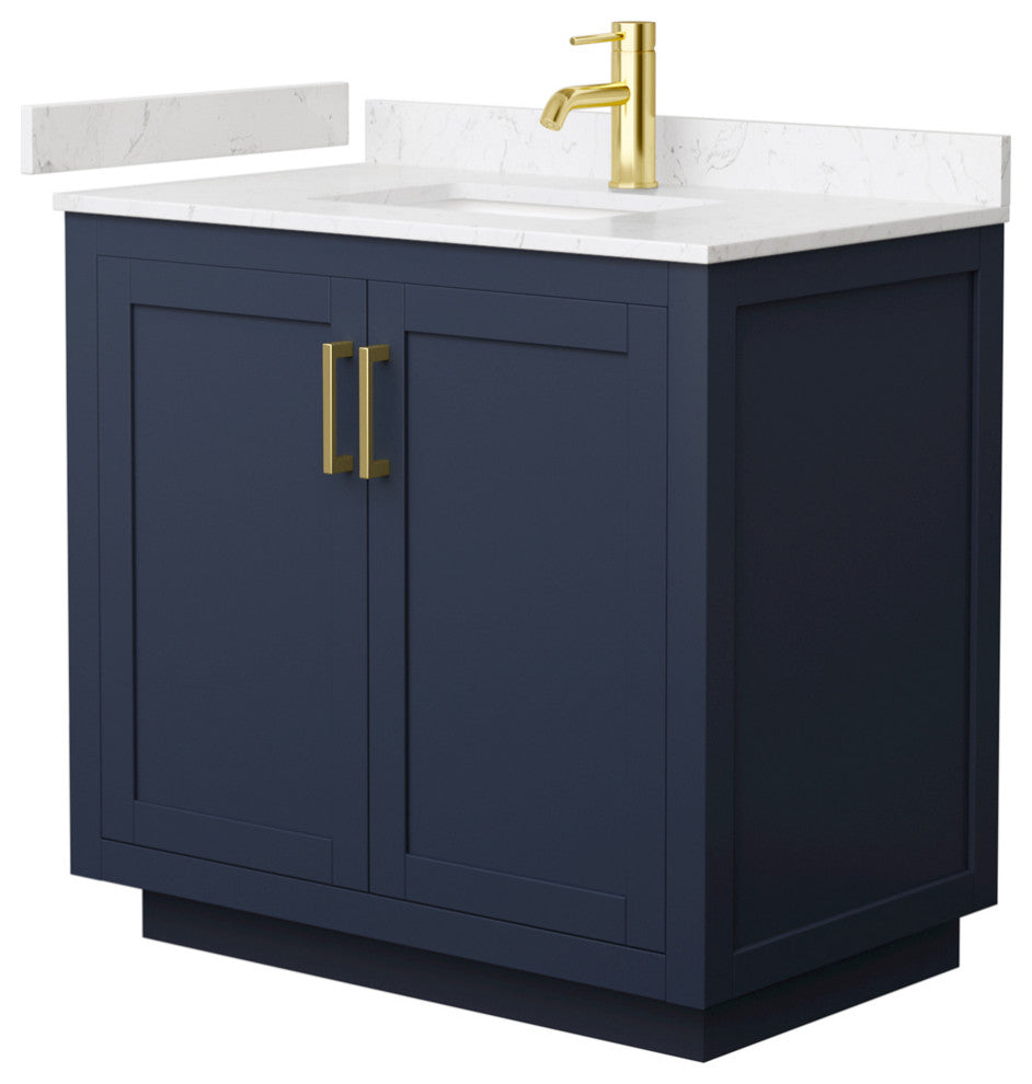 36"SGL Vanity Dark Blue, Light-Vein Carrara Cult. Marble Top, Sink, Gold Trim