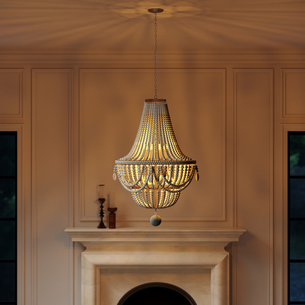 Katia Boho Wood Beaded Chandelier Empire Ceiling Light in Gray & Blue