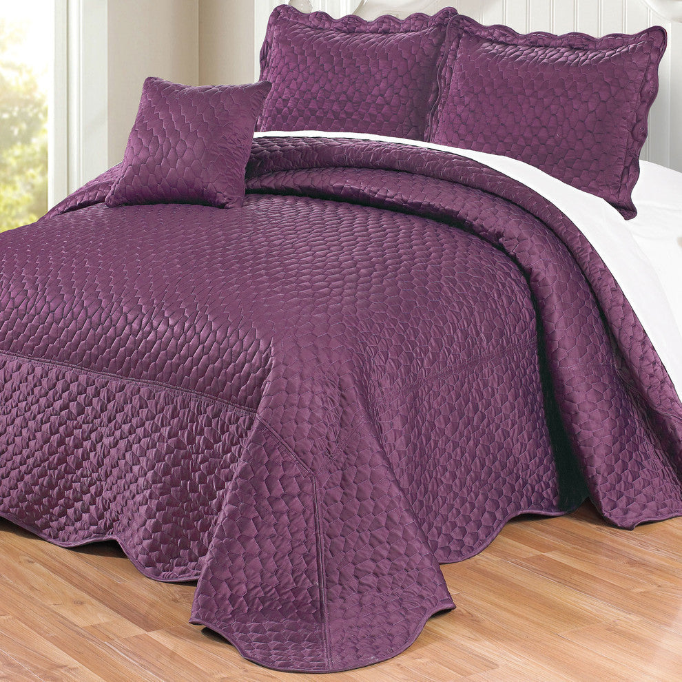 Matte Satin Quilted 4 Piece Bedspread Set, Prune Purple, Queen