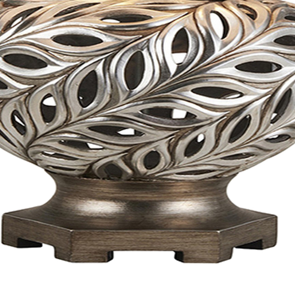 Benzara BM240303 Table Lamp With Scrolled Peacock Feather Cutout Base, Silver