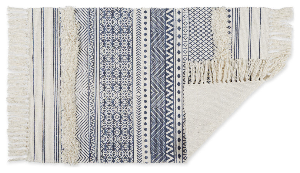 French Blue Printed Off-White Hand-Loomed Shag Rug 2x3 ft.