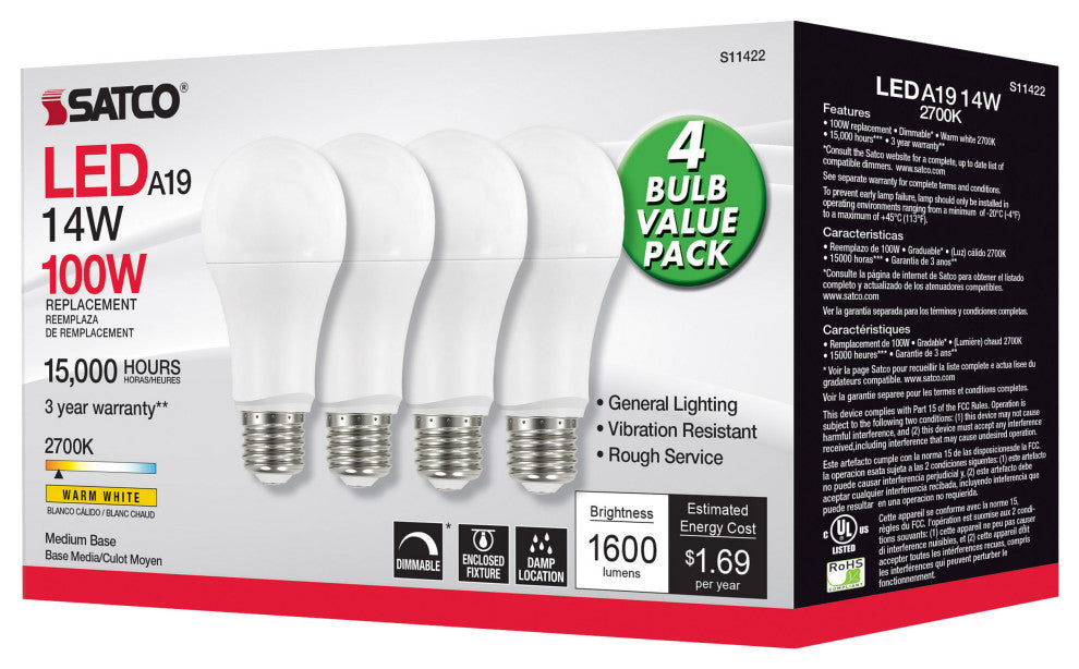14W A19 LED, 2700K, Dimmable, Medium Base, 230 deg. Beam Angle, 4-Pack