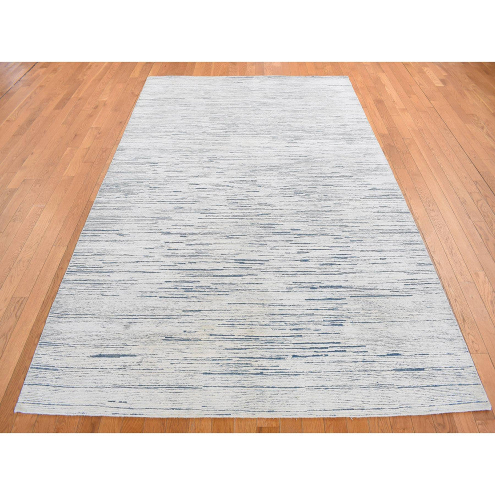 Frost White, 100% Wool, Striae Design, Hand Knotted, Oriental Rug, 6'1"x9'4"