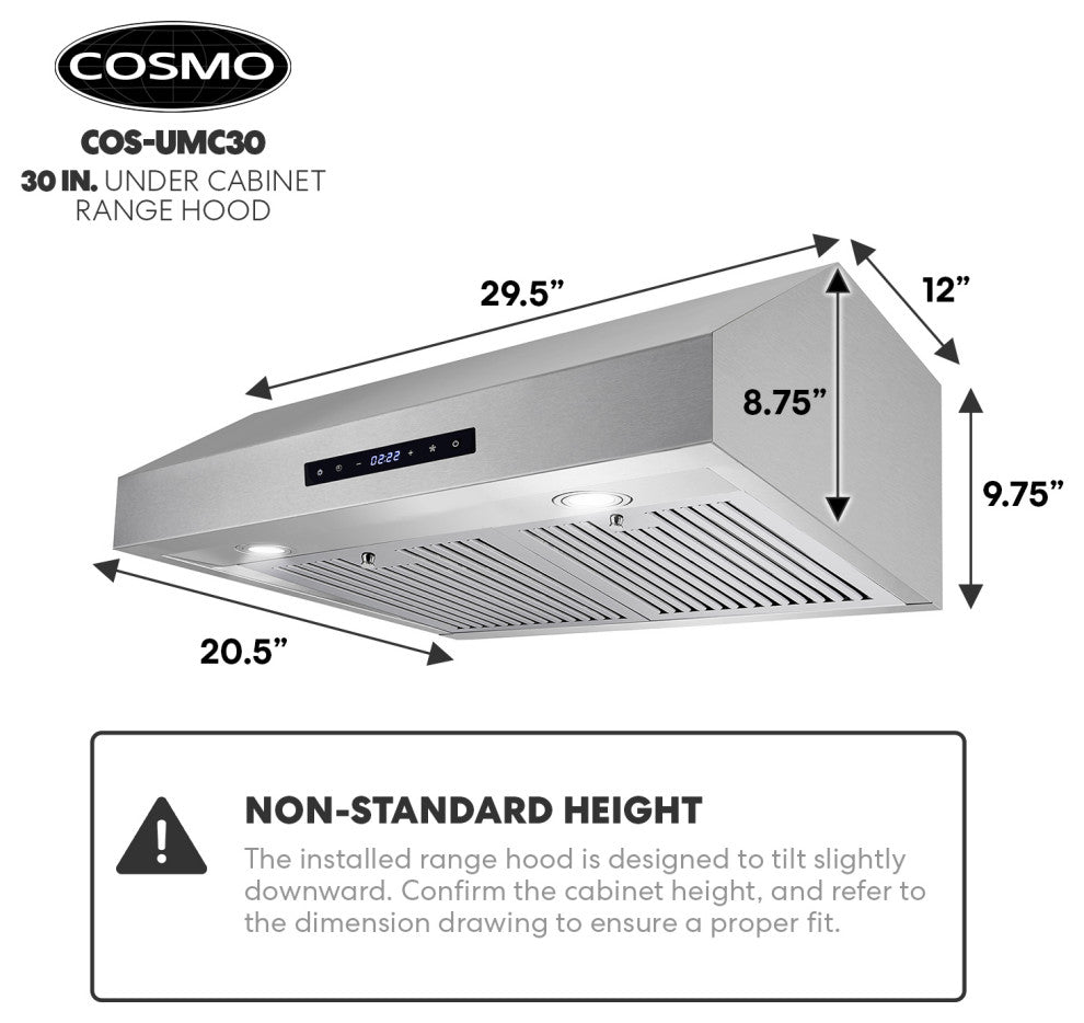 Cosmo 30" 380 CFM Under Cabinet Range Hood With Touch Screen and Carbon Filters