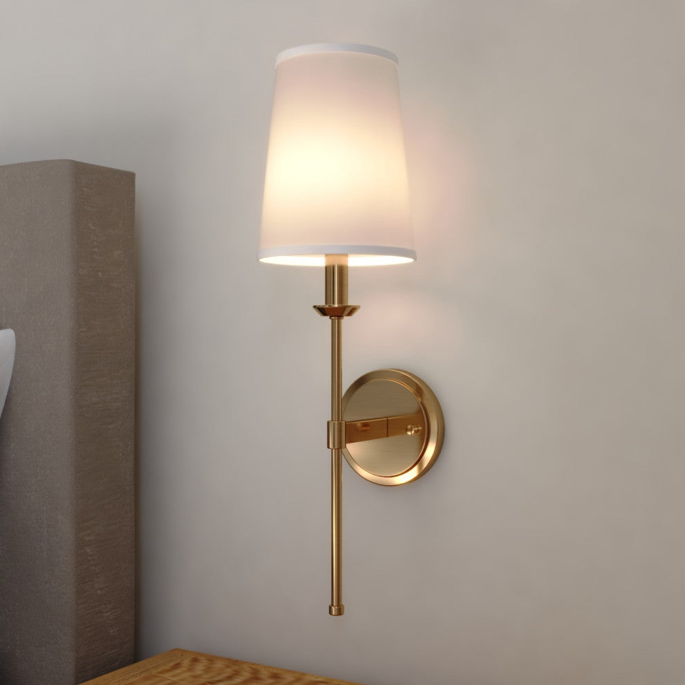 Camden 1 Light Gold Natural Brass Wall Sconce Fixture White Linen Fabric Shade