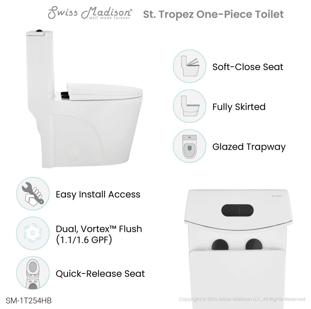 St. Tropez Elongated Toilet, Dual Vortex Flush, Glossy White With Black Hardware