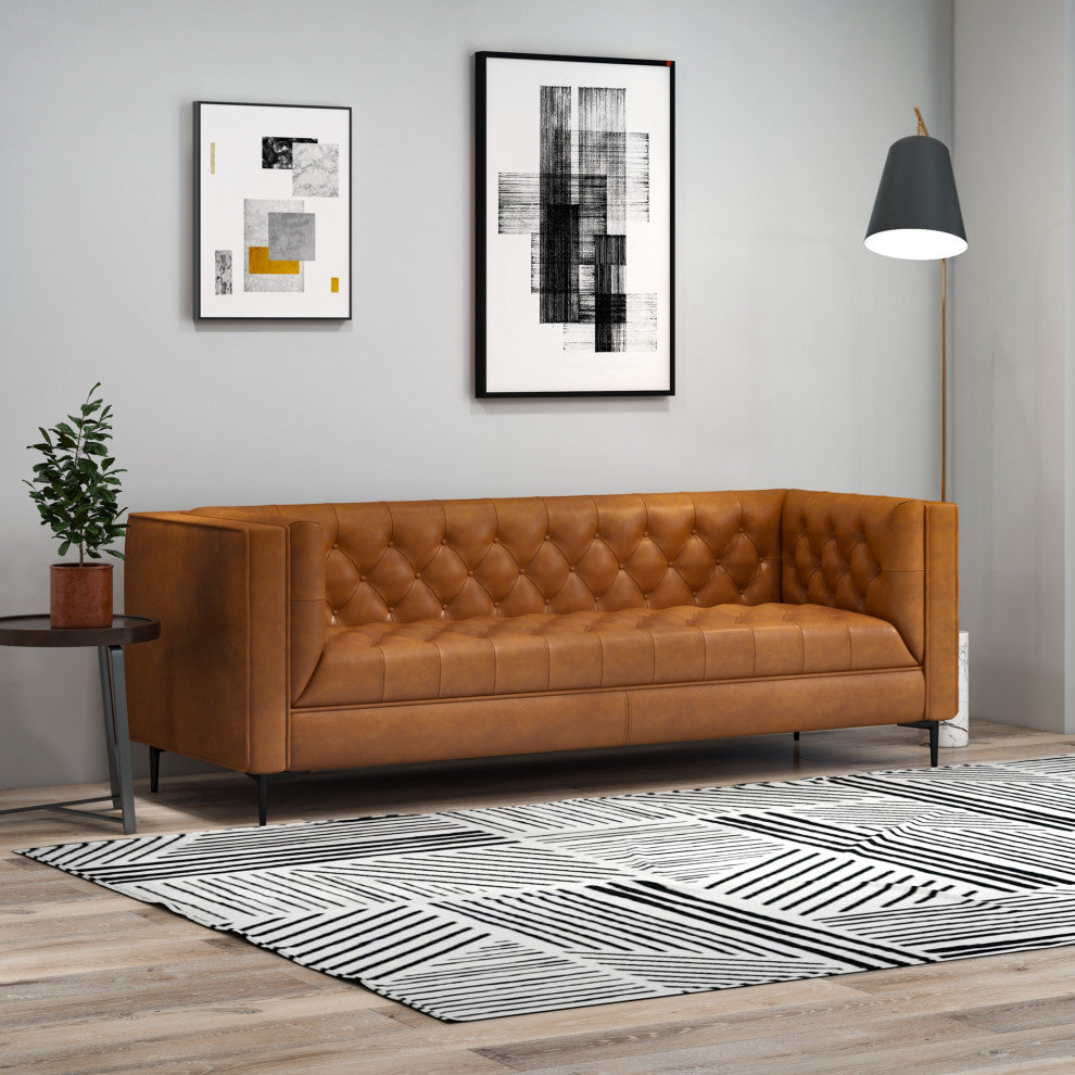 Houston Mid-Century Modern Luxury Chesterfield Genuine Leather Sofa, Cognac