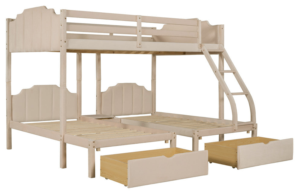 Gewnee Velvet Full Over Twin Triple Bunk Bed with Drawers in Beige