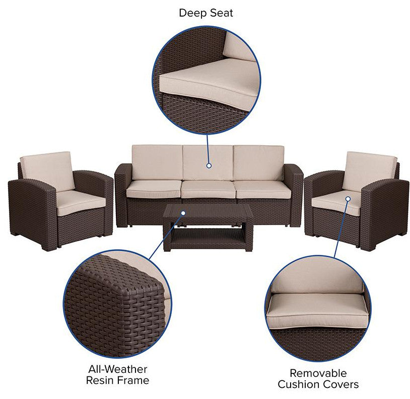 4 Piece Outdoor Faux Rattan Chair, Sofa and Table Set in Chocolate Brown