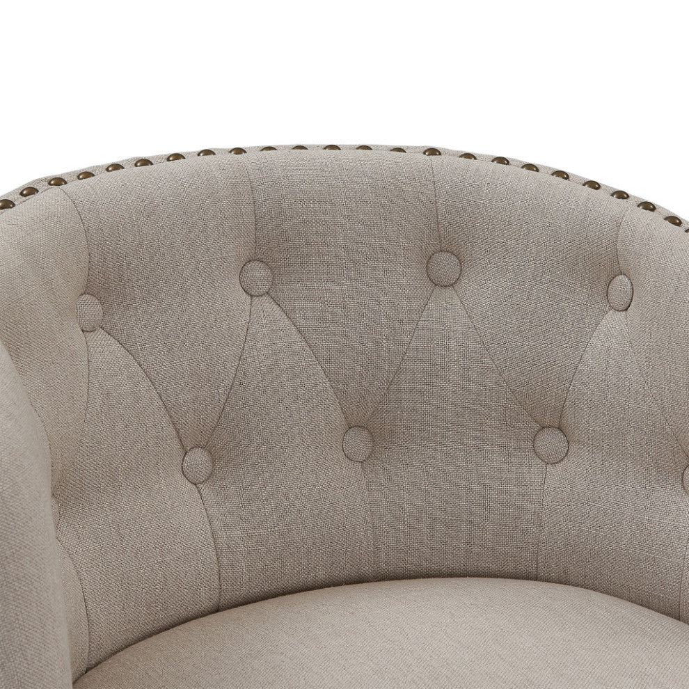 30" Tan Tufted Fabric and Dark Espresso Wood Swivel Bar Stool