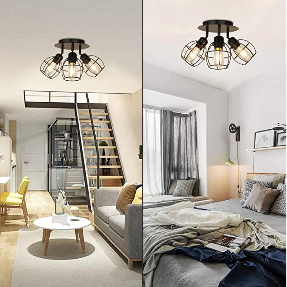 3-Light rustic ceiling Black flush mount ceiling light Metal light fixture