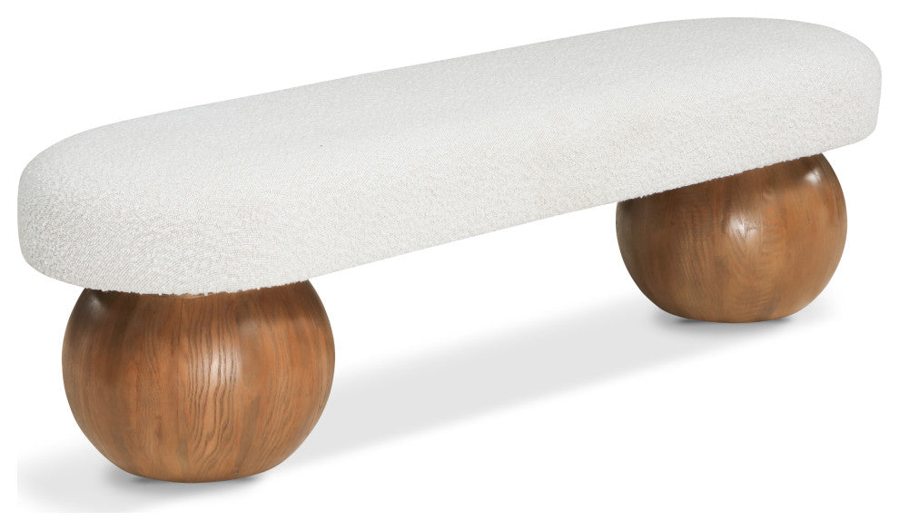 Meridian Furniture Bowie Boucle Fabric Upholstered Bench, Cream, Brown Finish