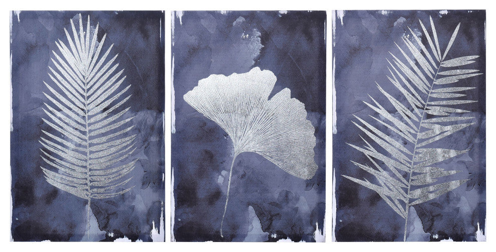 Indigo Shade Leaf Motif Canvas Wall Art, 48"Wx24"H Set of 3