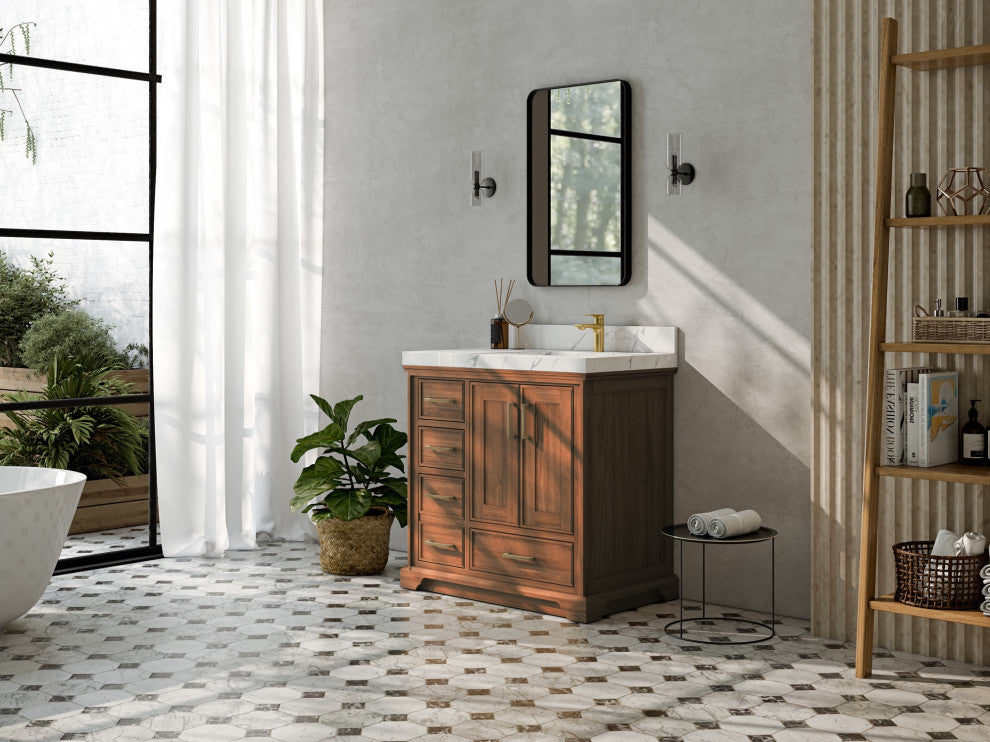 Charlotte Teak 36" Bathroom Vanity Right Offset Dark Natural 1.5" Empira Quartz