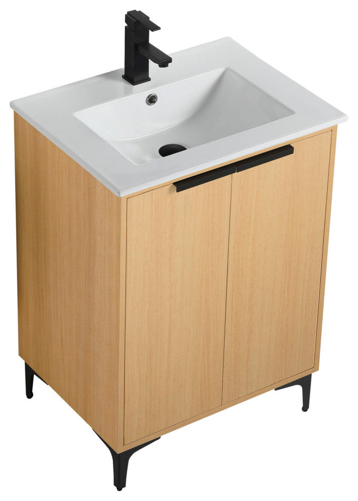 Wilmington Bath Vanity, Natural Oak, 24 Inch, Black Hardware