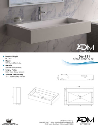 ADM Rectangular Wall Mounted Sink, White, 32", Glossy White
