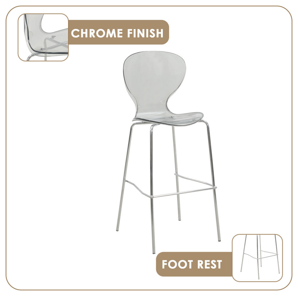 LeisureMod Oyster Acrylic Barstool With Steel Frame in Chrome Finish, Smoke
