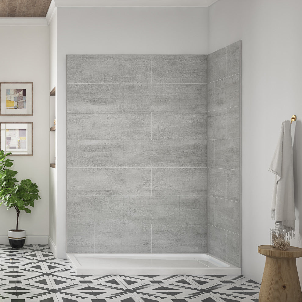 Ove Decors Misty 60x32" Solid Surface Corner Shower Wall, Gray Tiles