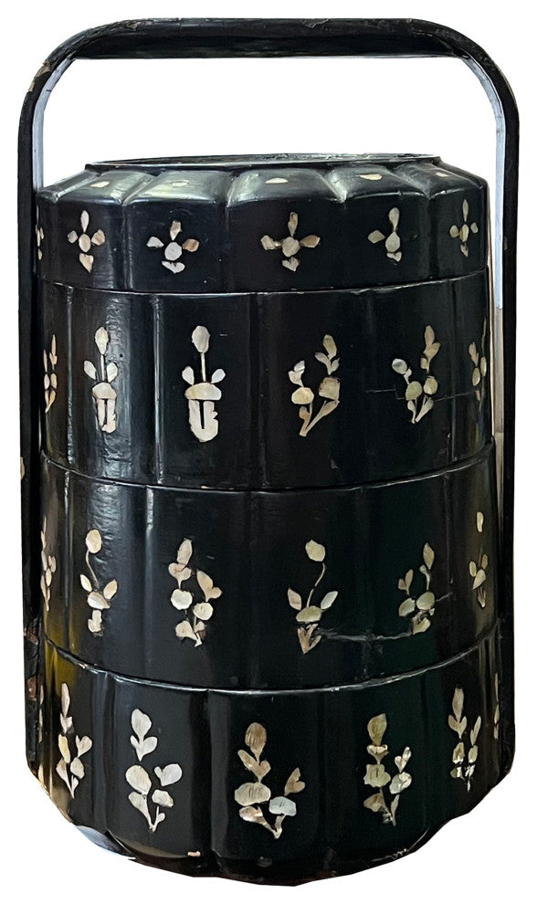 Chinese Vintage Distressed Black Lacquer MOP Inlay Basket, Hws2218
