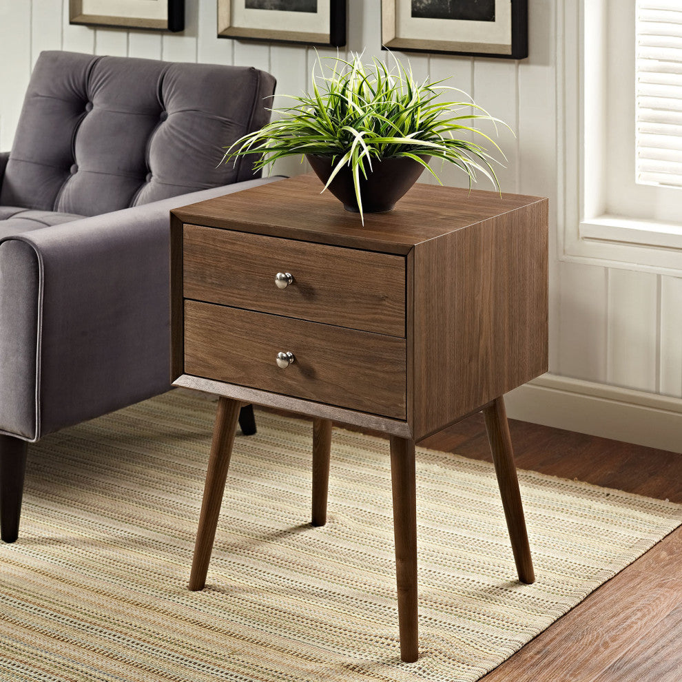Nightstand Side End Table, Wood, Brown Walnut, Modern Mid-Century Living Room