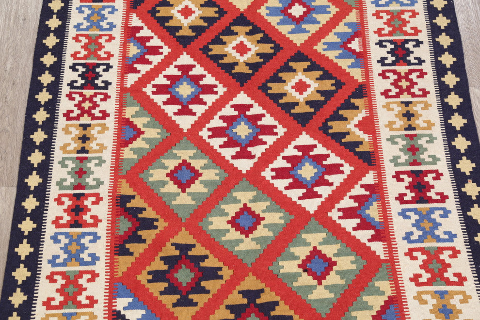 Southwestern Kilim Shiraz Geometric Hand-Woven Wool Oriental Rug, Orange, 5x7