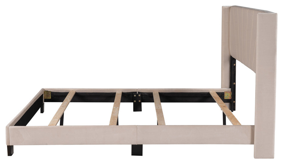 Gewnee Queen Size Velvet Upholstered Platform Bed in Beige
