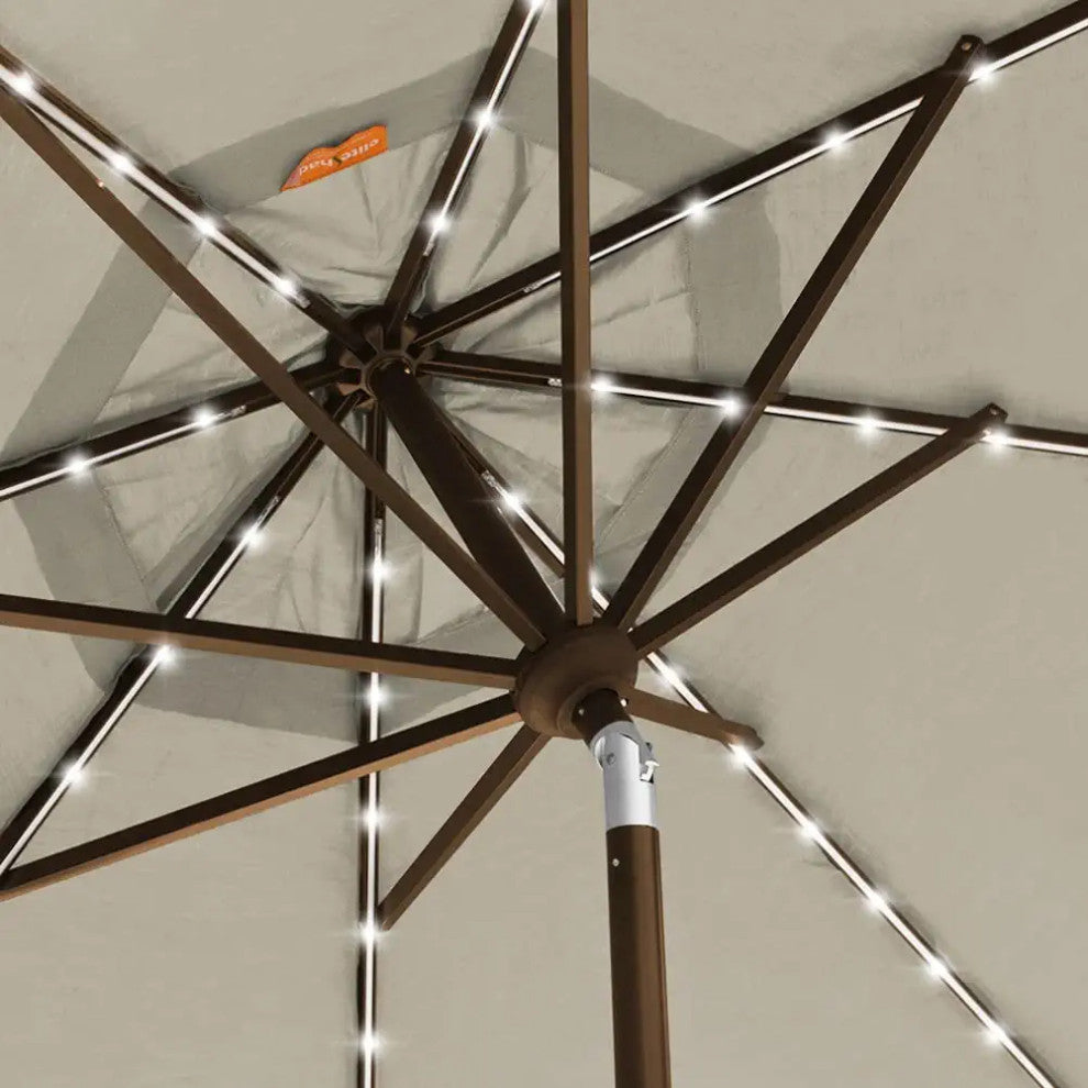 Patio Umbrella With LED Rib Lights and Fadeproof 3 Tier Fabric Canopy, Antique Beige
