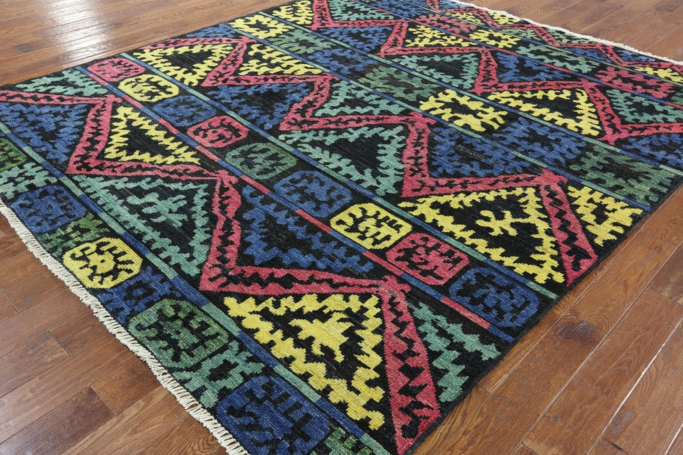 9'x10' South Western Navajo-Design Kaitag Blue Hand Knotted Wool Area Rug