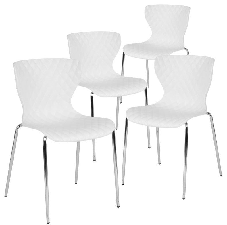 Set of 4 Stackable Dining Chair, Ripple Diamond Patterned Seat, White