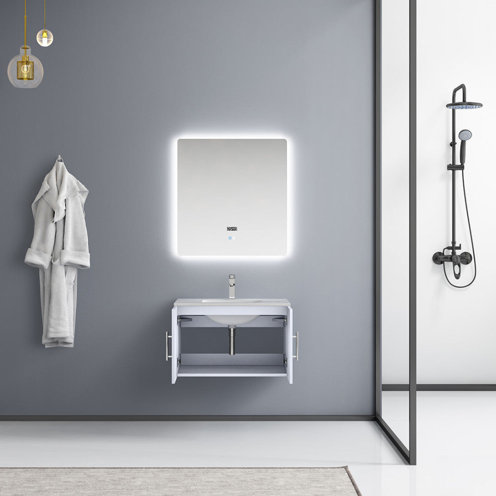 Geneva Transitional Glossy White 30" Single Vanity with 30" Led Mirror