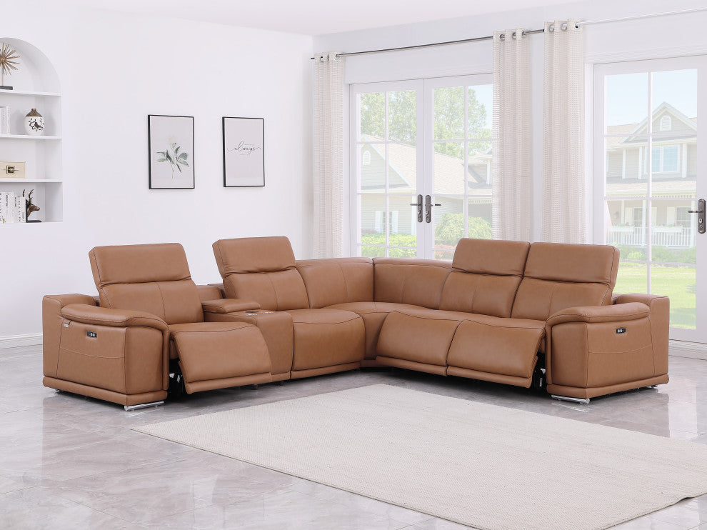 Federico 6-Piece L-Shaped Top Grain Italian Leather Sectional, Cognac