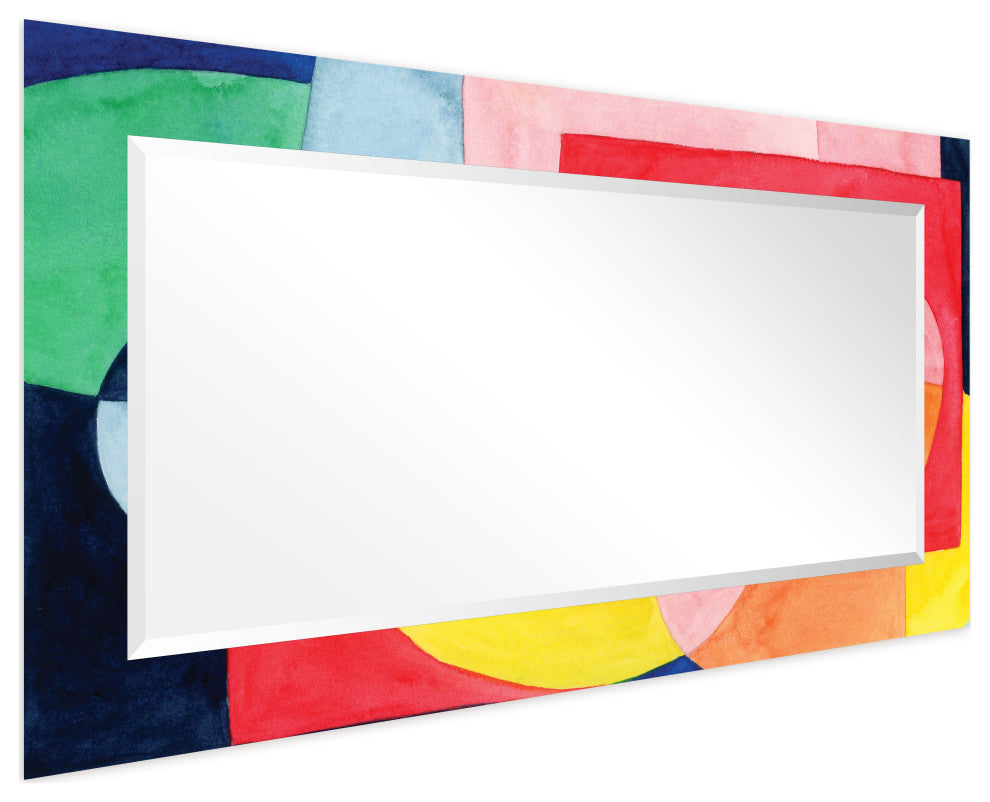 "Launder" Beveled Mirror on Printed Abstarct Tempered Art Glass, 54x28"