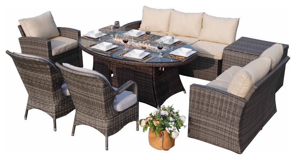 7-Piece Outdoor Gray Wicker Sofa Set with Chairs, Brown Fire Pit Table