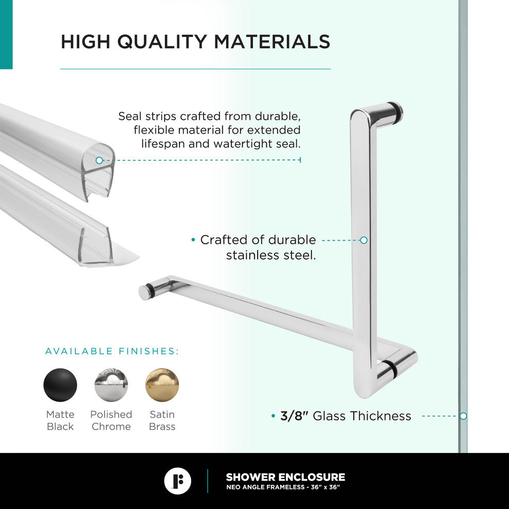 Shower Enclosure Neo Angle Frameless Tempered Glass, Polished Chrome, 34" X 34"