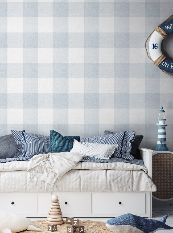 Checkered Fabric Look Medium Peel and Stick Vinyl Wallpaper, Blue, 24"x108"