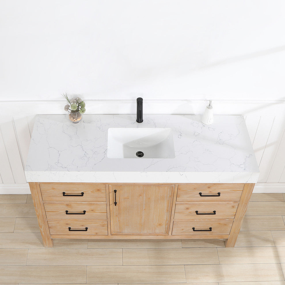 Leon Bath Vanity With Composite Stone Top, Fir Wood Brown, 60" Single Sink, No Mirror