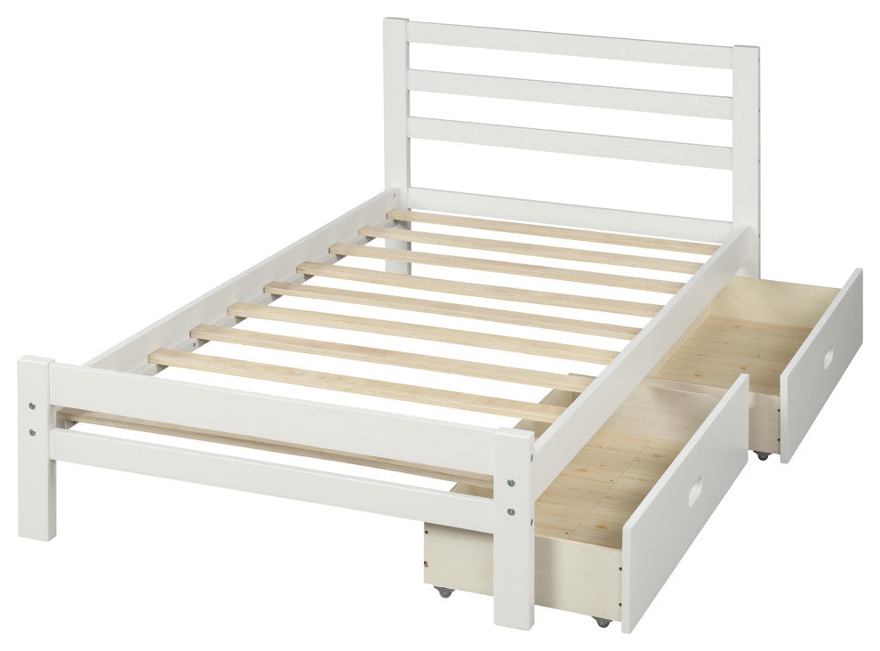 Gewnee Wood platform bed with two drawers, twin in White