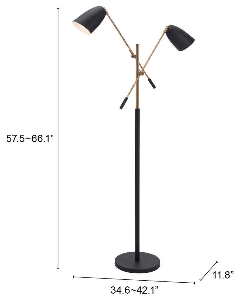Floor Lamp Light, Steel Metal, Black, Brass, Kitchen Lounge Cafe Bistro Lobby