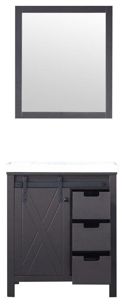Marsyas 30" Brown Single Vanity Cabinet Quartz Top Square Sink, 28" Wall Mirror