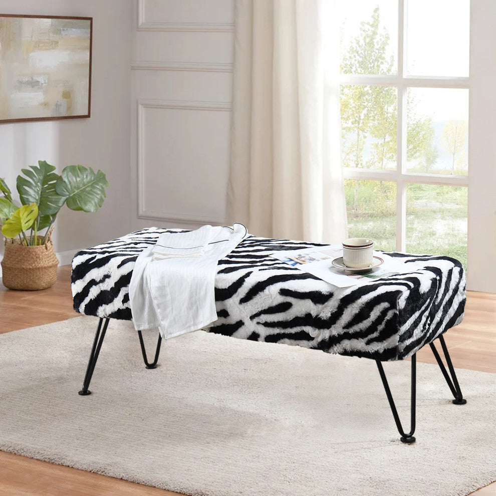 Zebra Faux Fur Bench, 46''x16''x17''