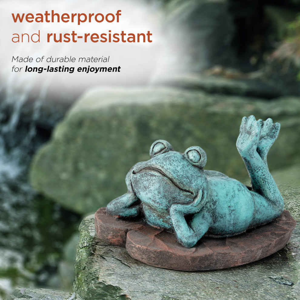 Alpine Frog Laying Down on a Leaf Statue, 8"Tall